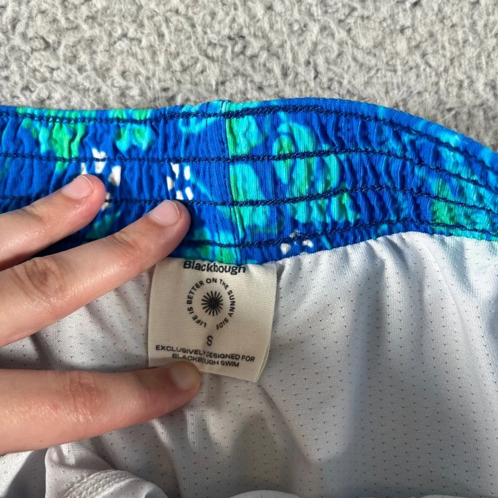 Blackbough Swim Mens Blue Green Tropical Hibiscus Seahorse Mesh Swim Trunks S